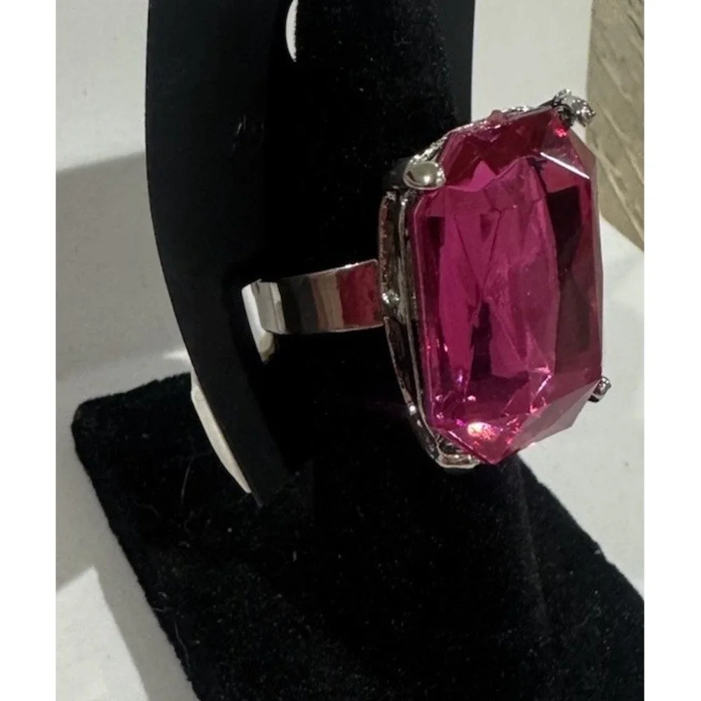 Silver Tone Adjustable Cocktail Ring Pink Emerald-Cut Crystal Prong Set